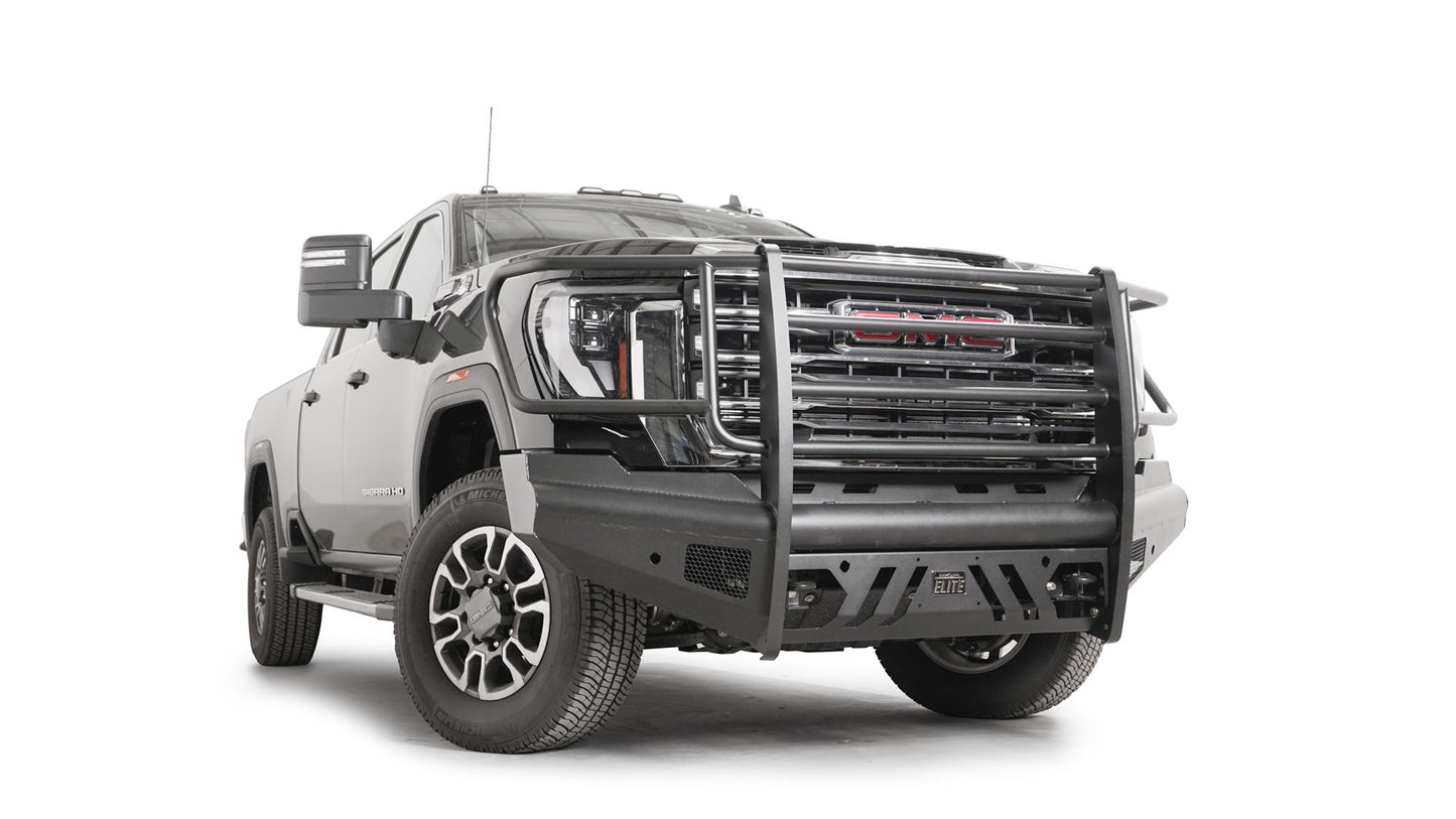 Fab Fours Black Steel Elite Ranch Front Bumper w/ Full Grille Guard – 2024–2025 GMC Sierra 2500/3500 HD (Part #: FFR-Q6260-1)
