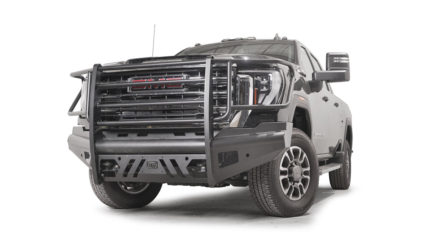 Fab Fours Black Steel Elite Ranch Front Bumper w/ Full Grille Guard – 2024–2025 GMC Sierra 2500/3500 HD (Part #: FFR-Q6260-1)