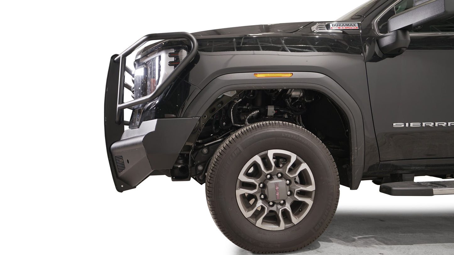 Fab Fours Black Steel Elite Ranch Front Bumper w/ Full Grille Guard – 2024–2025 GMC Sierra 2500/3500 HD (Part #: FFR-Q6260-1)