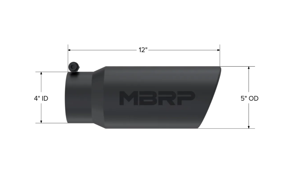 Black Coated Exhaust Tip – 4” Inlet, 5” Outlet, 12” Length – Angled Rolled Edge – Universal Fit