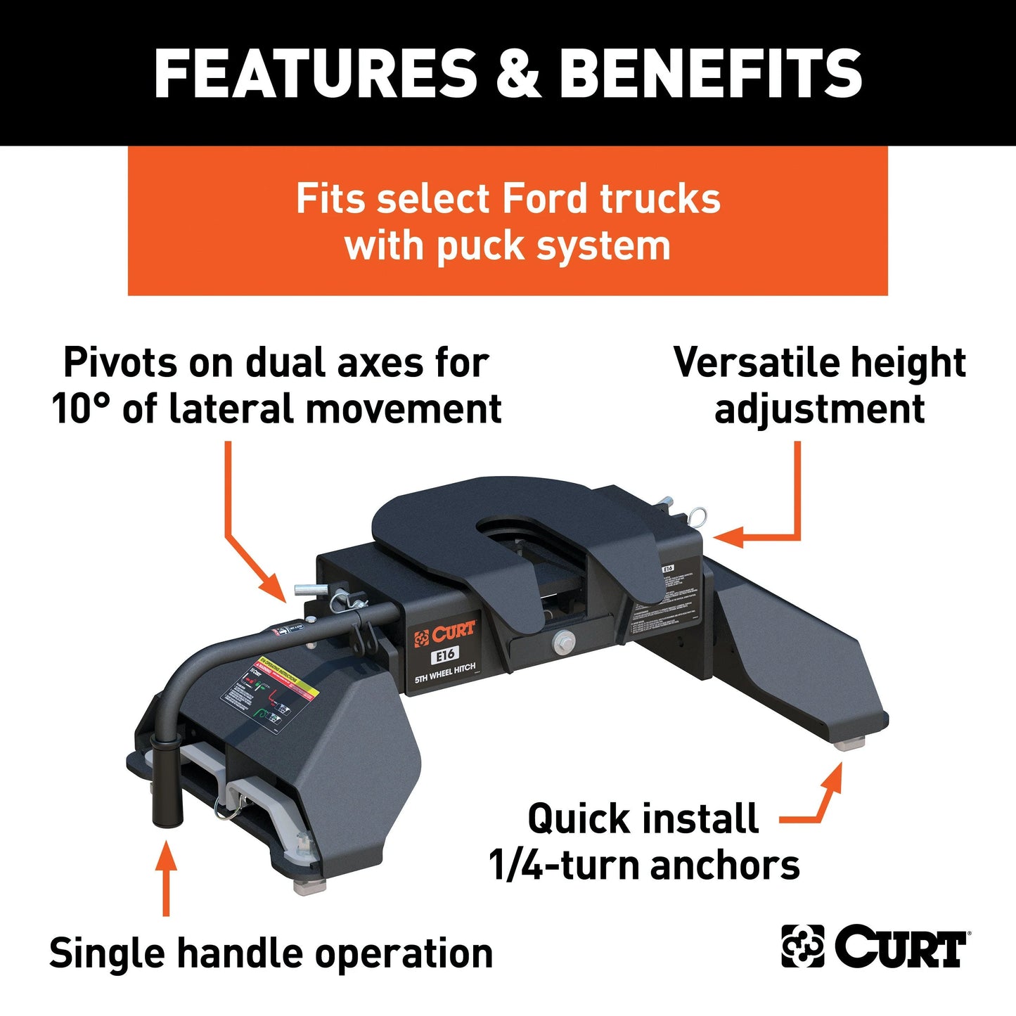 E16 5th Wheel Hitch for Ford Super Duty (CURT 16031) Fits 2011–2025 Ford F-250, F-350 & F-450 with OEM Puck System