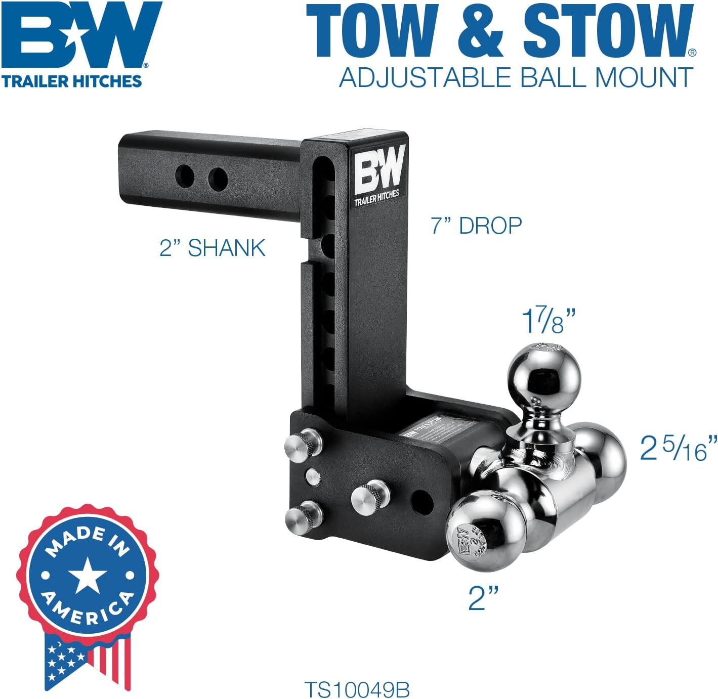 B&W TS10049B Tow & Stow Magnum Receiver 7" Drop Hitch | 1-7/8", 2", and 2-5/16" Balls | 10,000 lbs. GTW