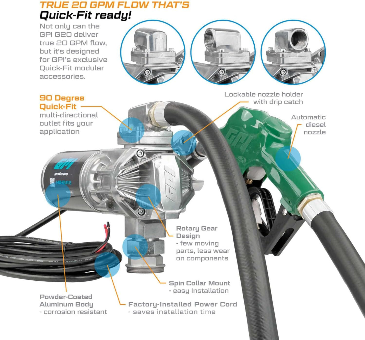 GPI G20 Fuel Transfer Pump – 12V DC, 20 GPM with Automatic Nozzle SKU: 162000-03